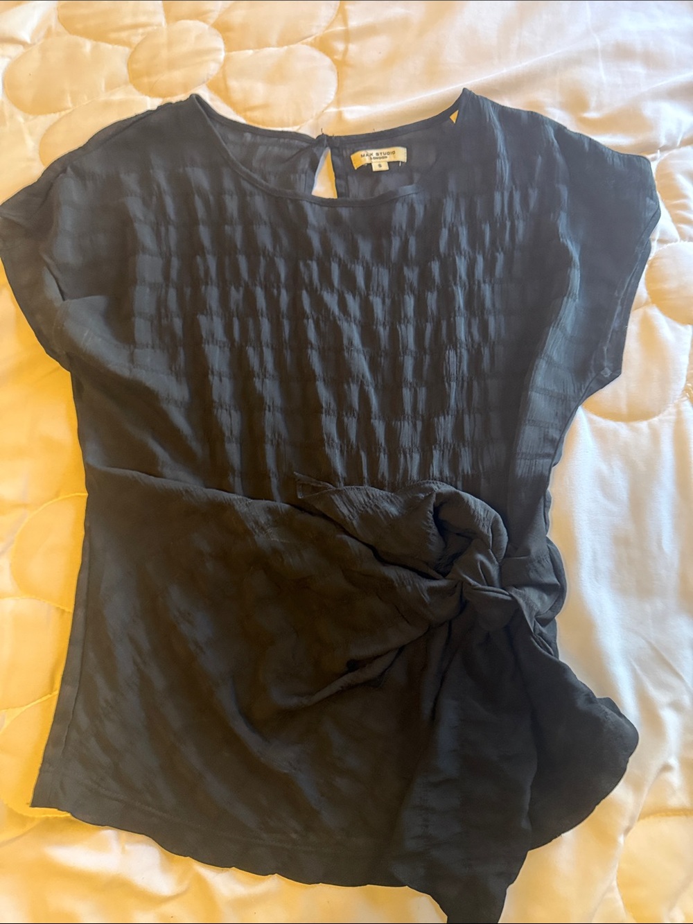 Max Studio Black Textured Tie-Waist Women's Top